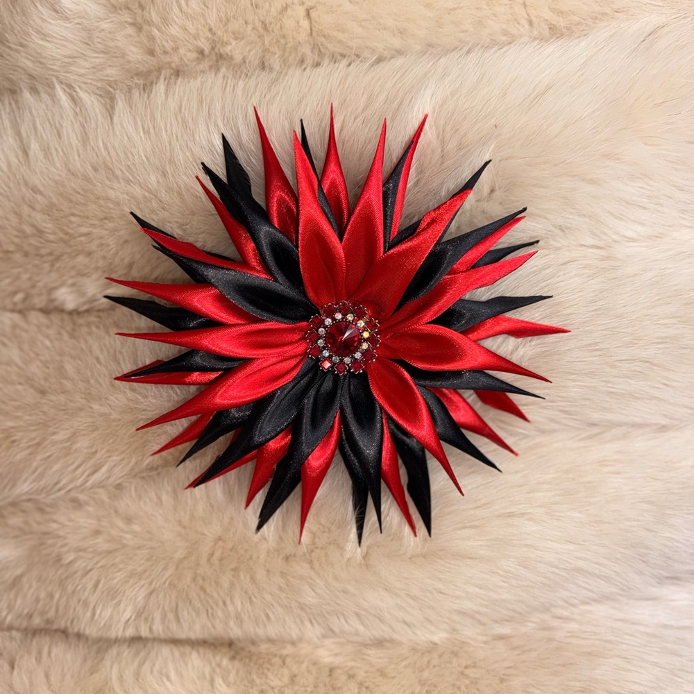 Red and Black Satin Flower Brooch